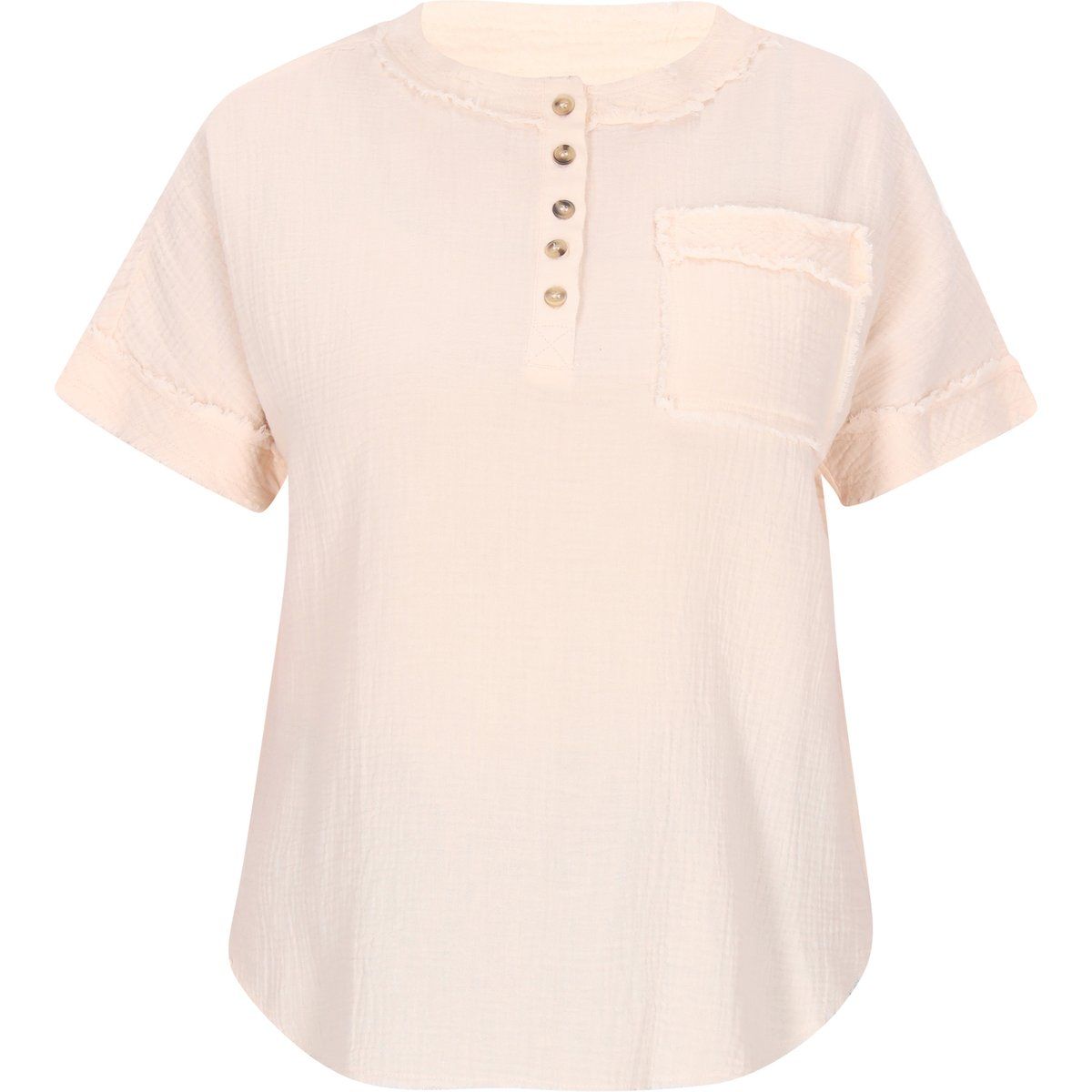 Kurzarm-Henley-Bluse mit offenen Saumkanten
