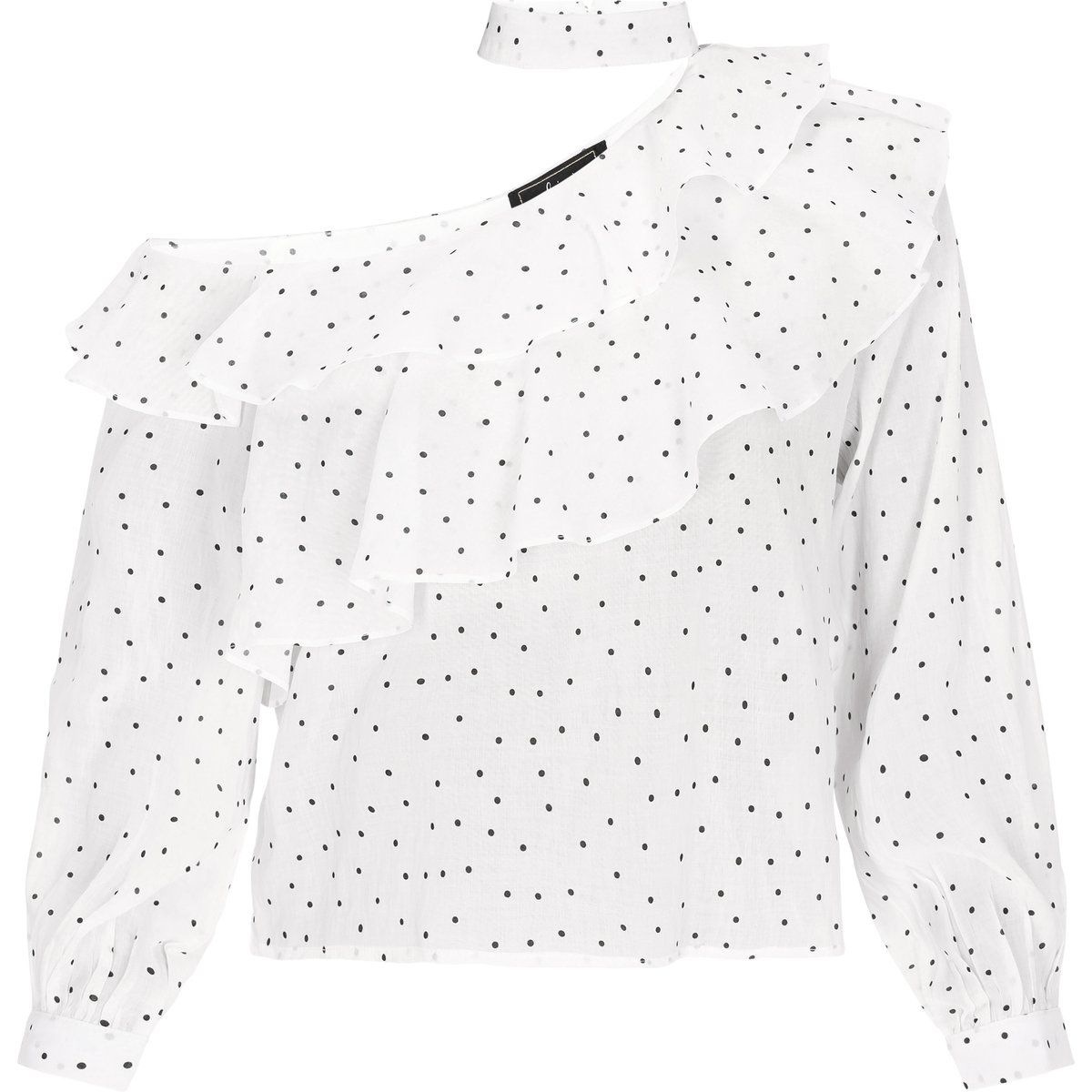 Asymmetrische Polka-Dot-Rüschenbluse