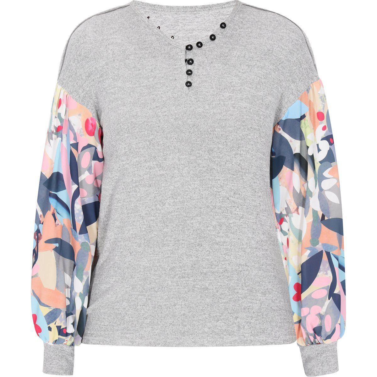 Henley-Bluse mit floralen Ballonärmeln