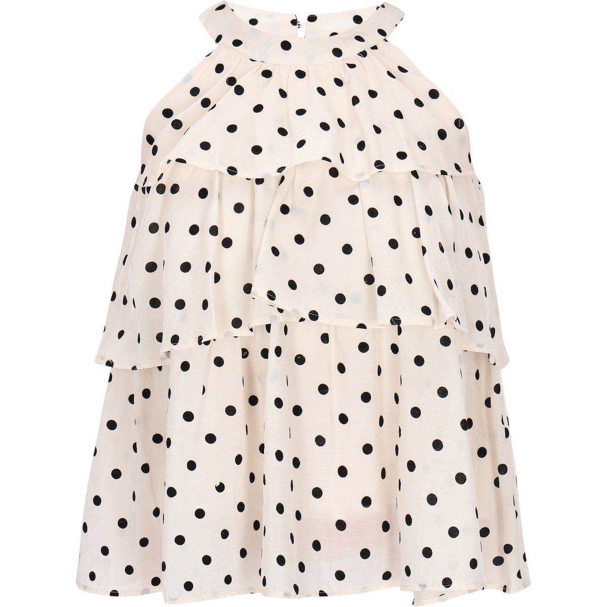 Neckholder-Bluse mit Stufenrüschen und Punkten