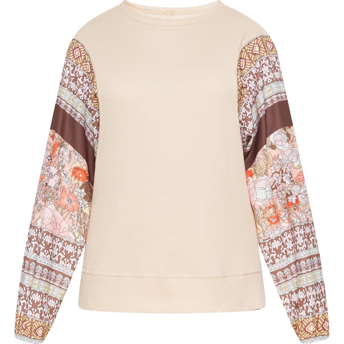 Waffelstrickbluse mit floralen Ärmeln