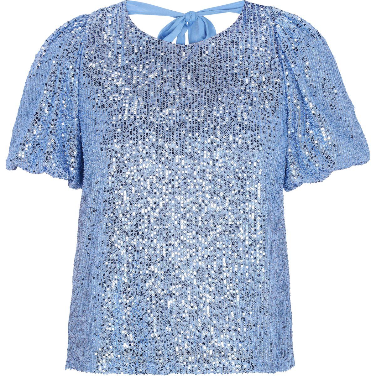 Paillettenbluse mit Puffärmeln und Rückenschleife