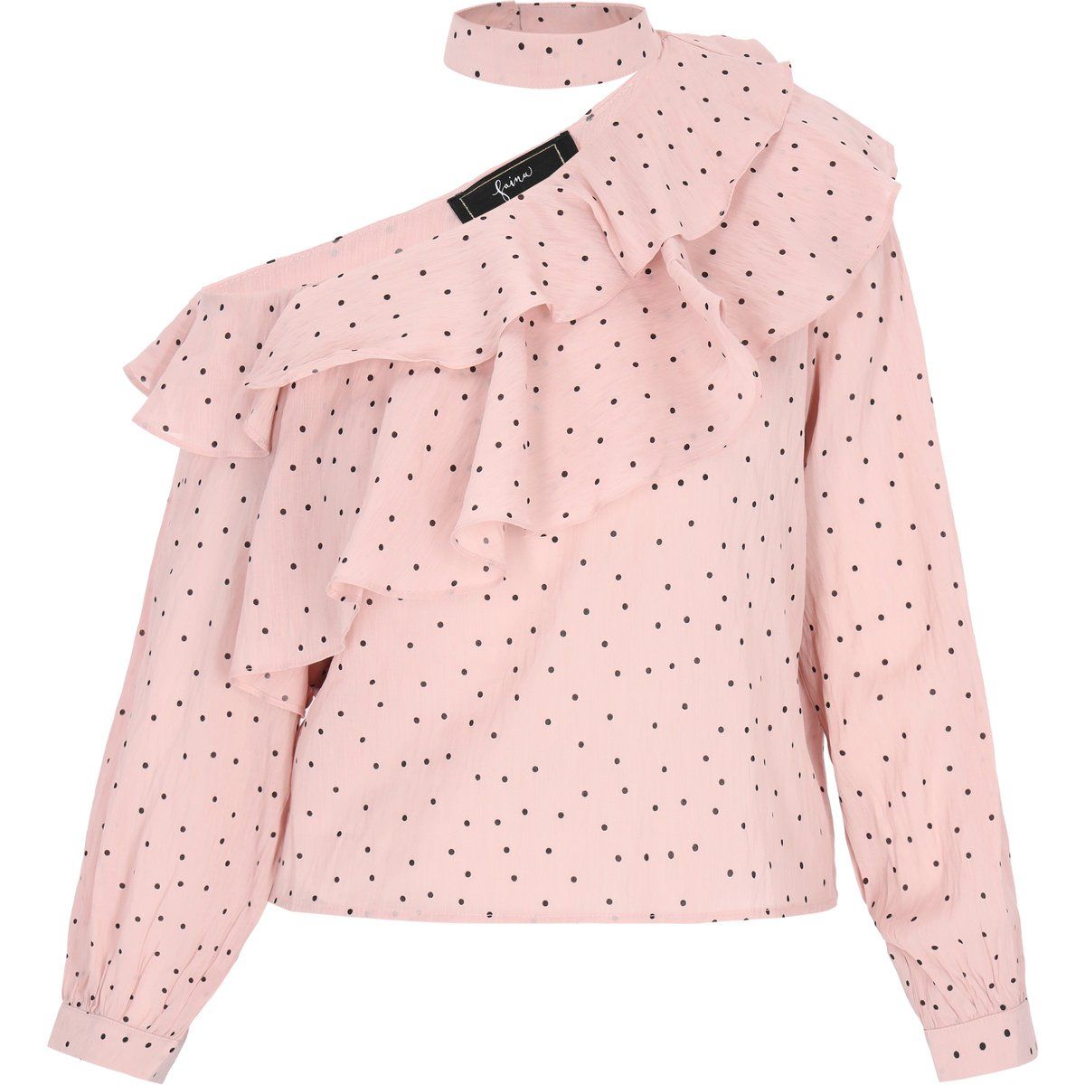 One-Shoulder-Rüschenbluse mit Polka-Dots