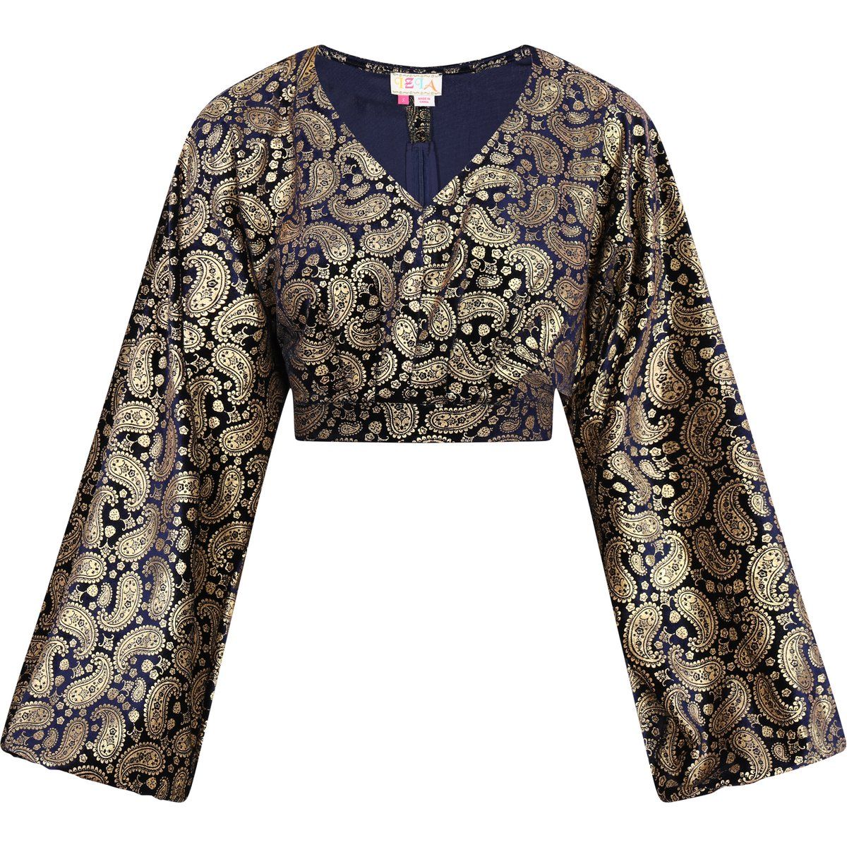 Bauchfreie Ornament-Bluse mit Glockenärmeln