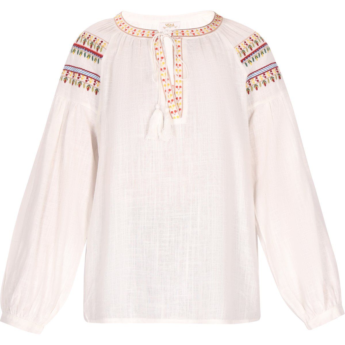 Bestickte Boho-Bluse mit Quasten-Bindung