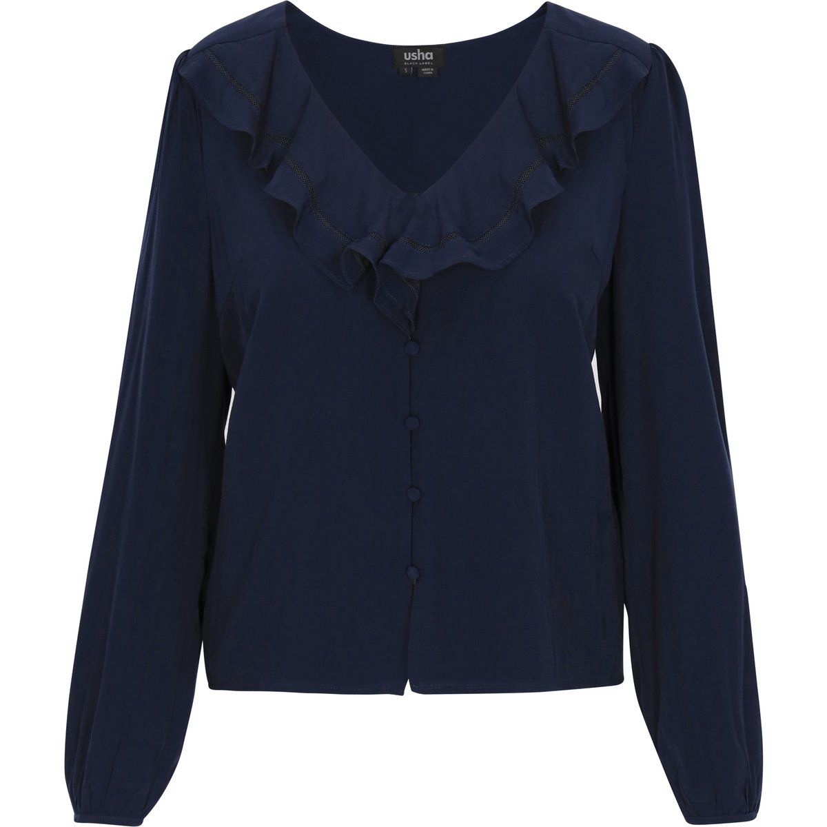 Rüschenbluse mit V-Ausschnitt und Laternenärmeln