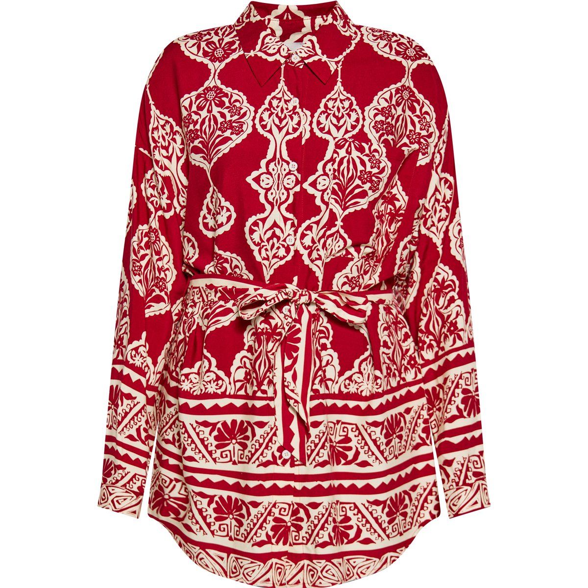 Gürtelbluse mit Blumen- und Geometriemuster