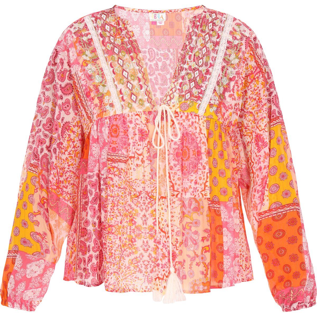 Fließende Patchwork-Bluse mit Quasten