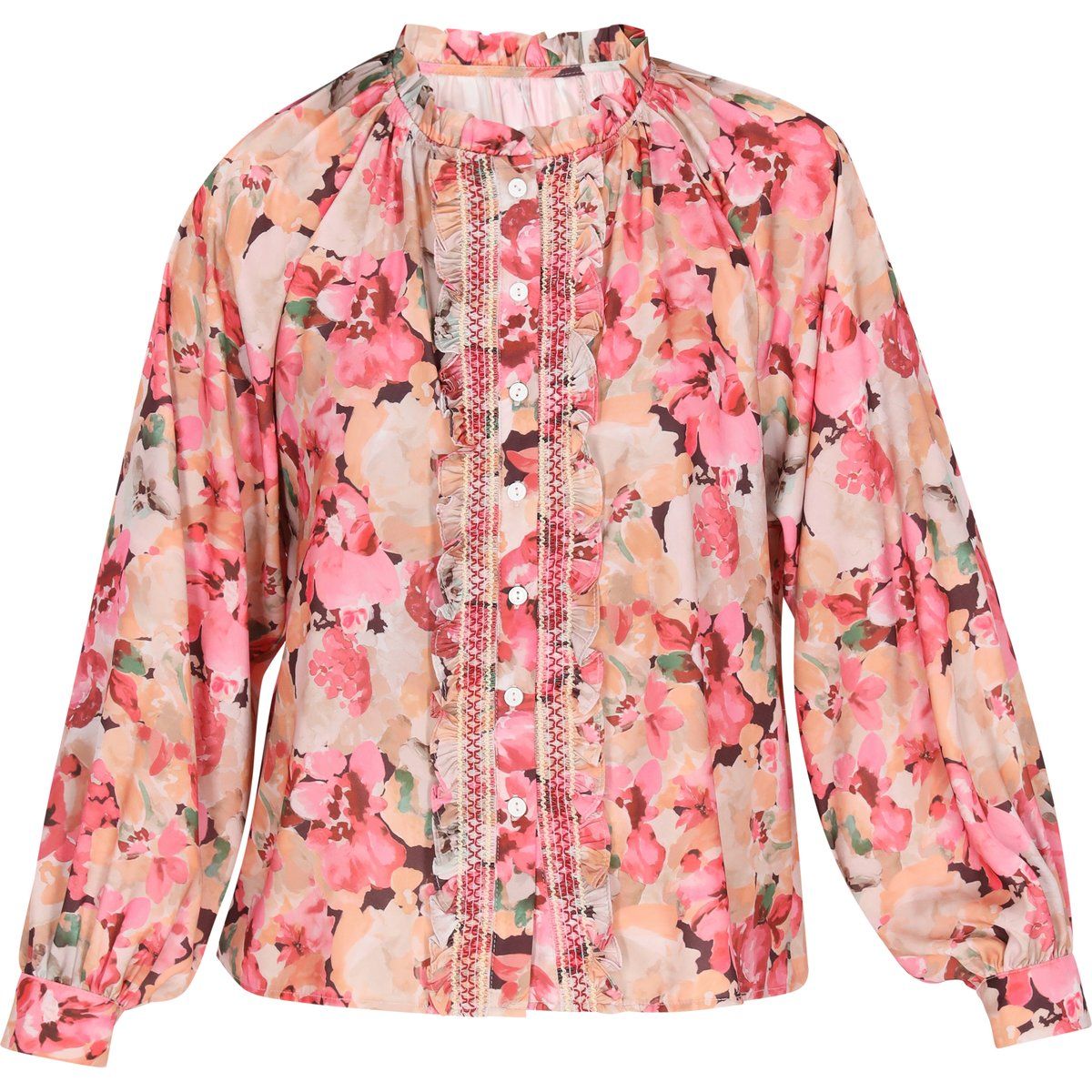 Blumenbluse mit Rüschen und Laternenärmeln