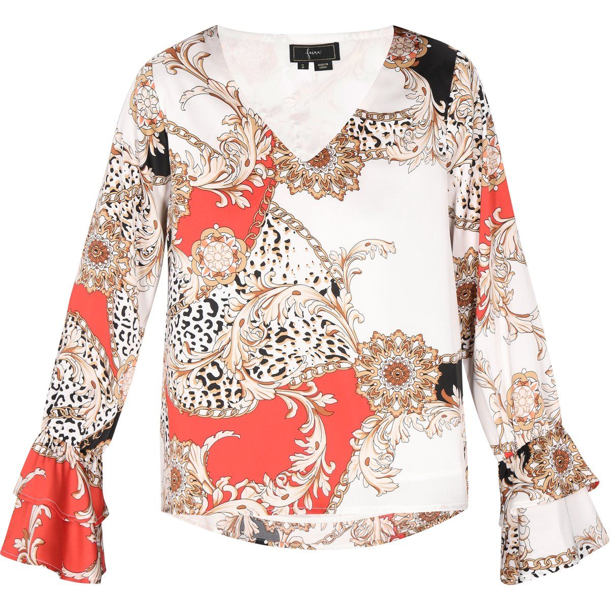 Bluse mit barockem Muster und Volants