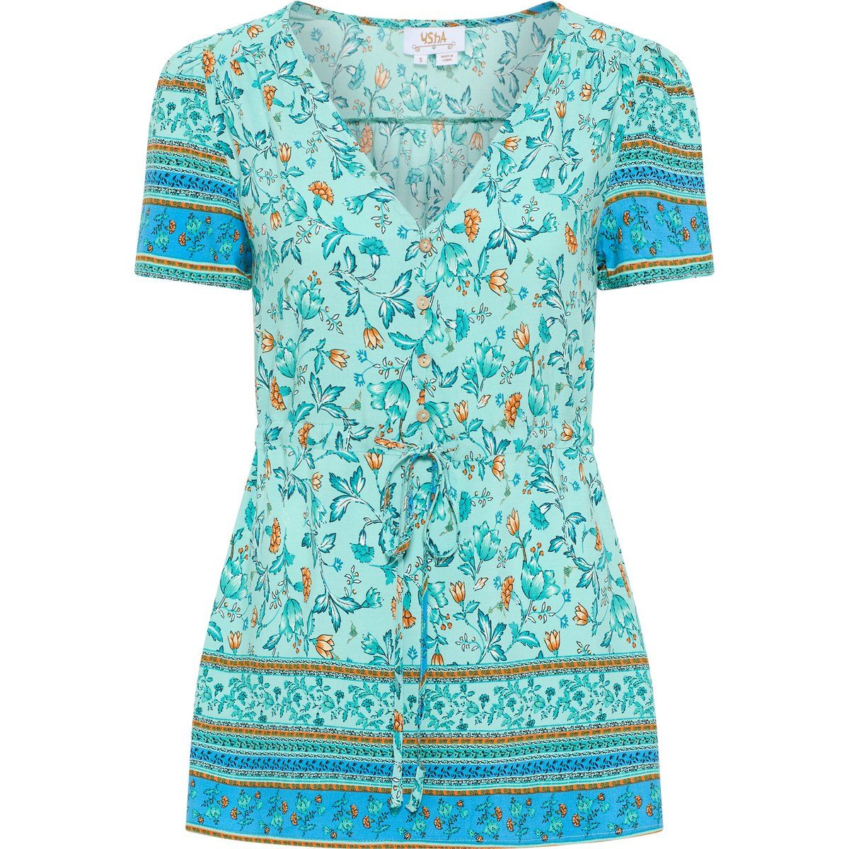 Florale Boho-Bluse mit Kordelzug