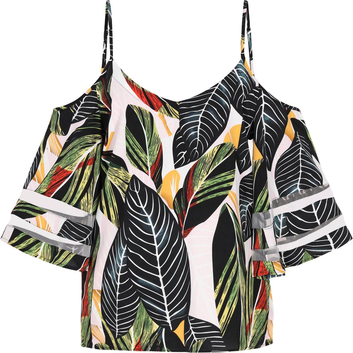 Tropische Cold-Shoulder-Bluse mit Blattprint