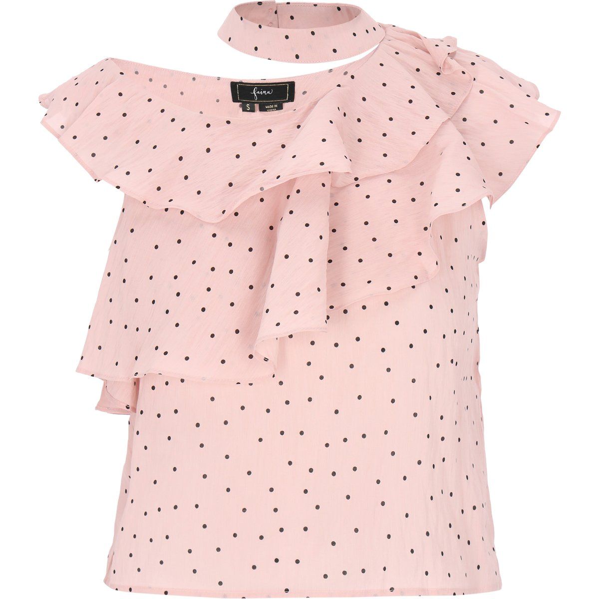 One-Shoulder-Bluse mit Rüschen und Punkten