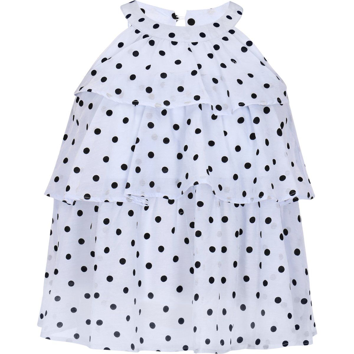 Neckholder-Bluse mit Stufenrüschen und Polka-Dots