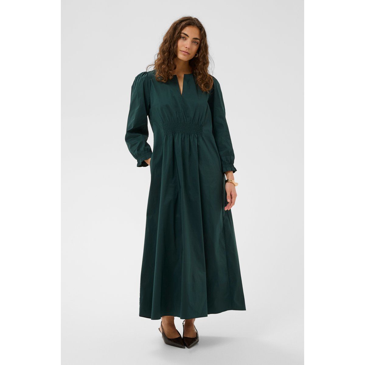 Midi-Popelinekleid mit gesmokter Taille