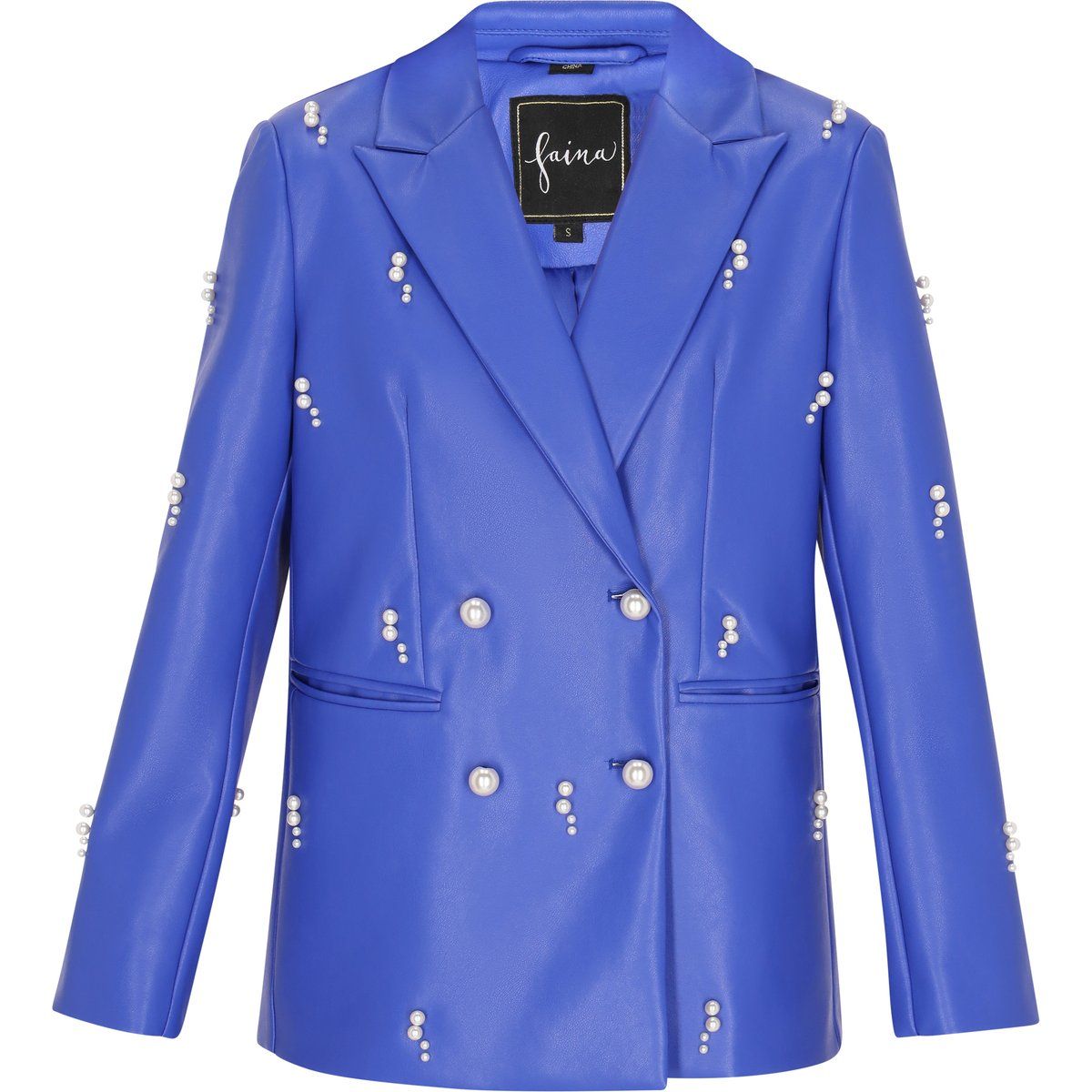 Zweireihiger Kunstlederblazer mit Perlenbesatz