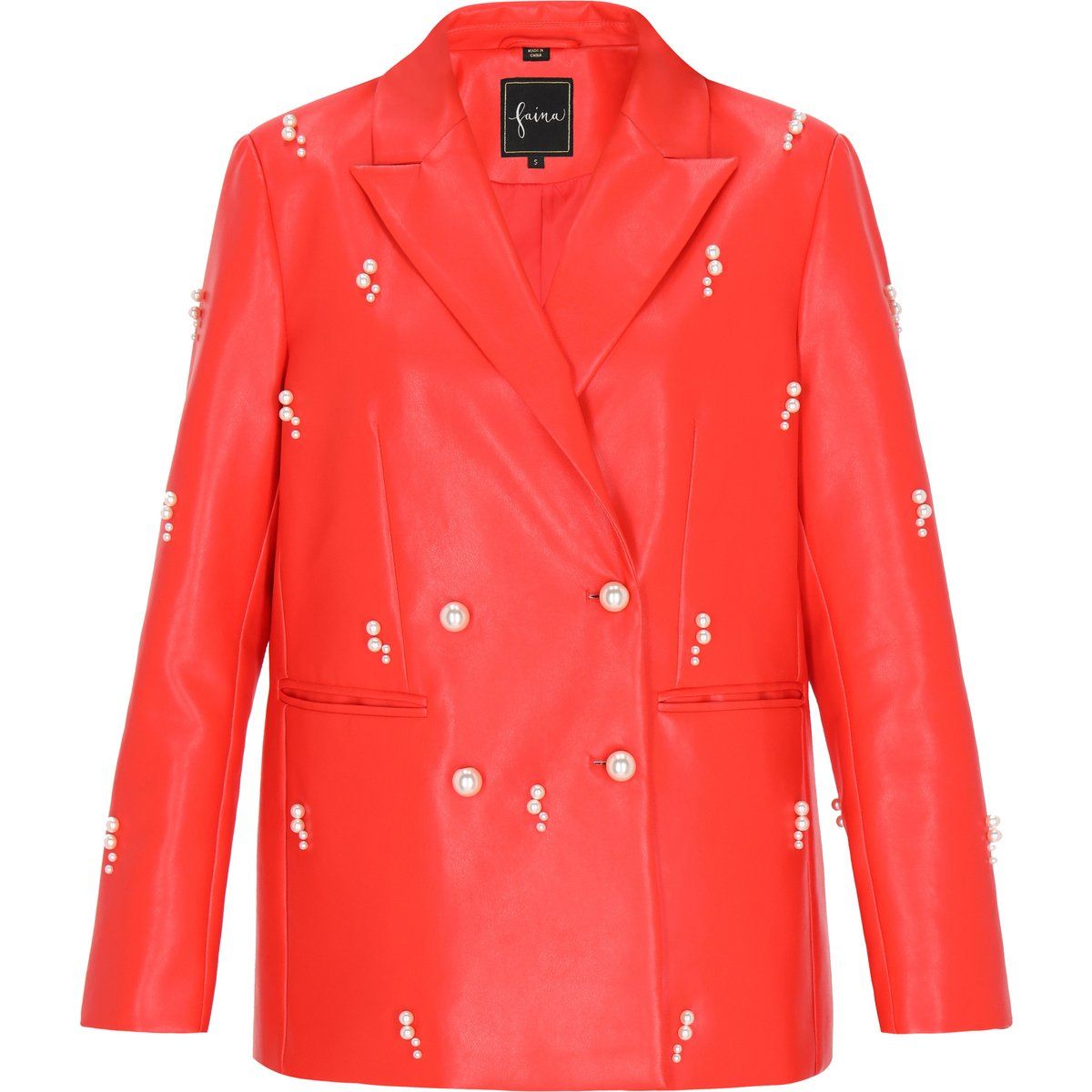 Zweireihiger Kunstleder-Blazer mit Perlenbesatz