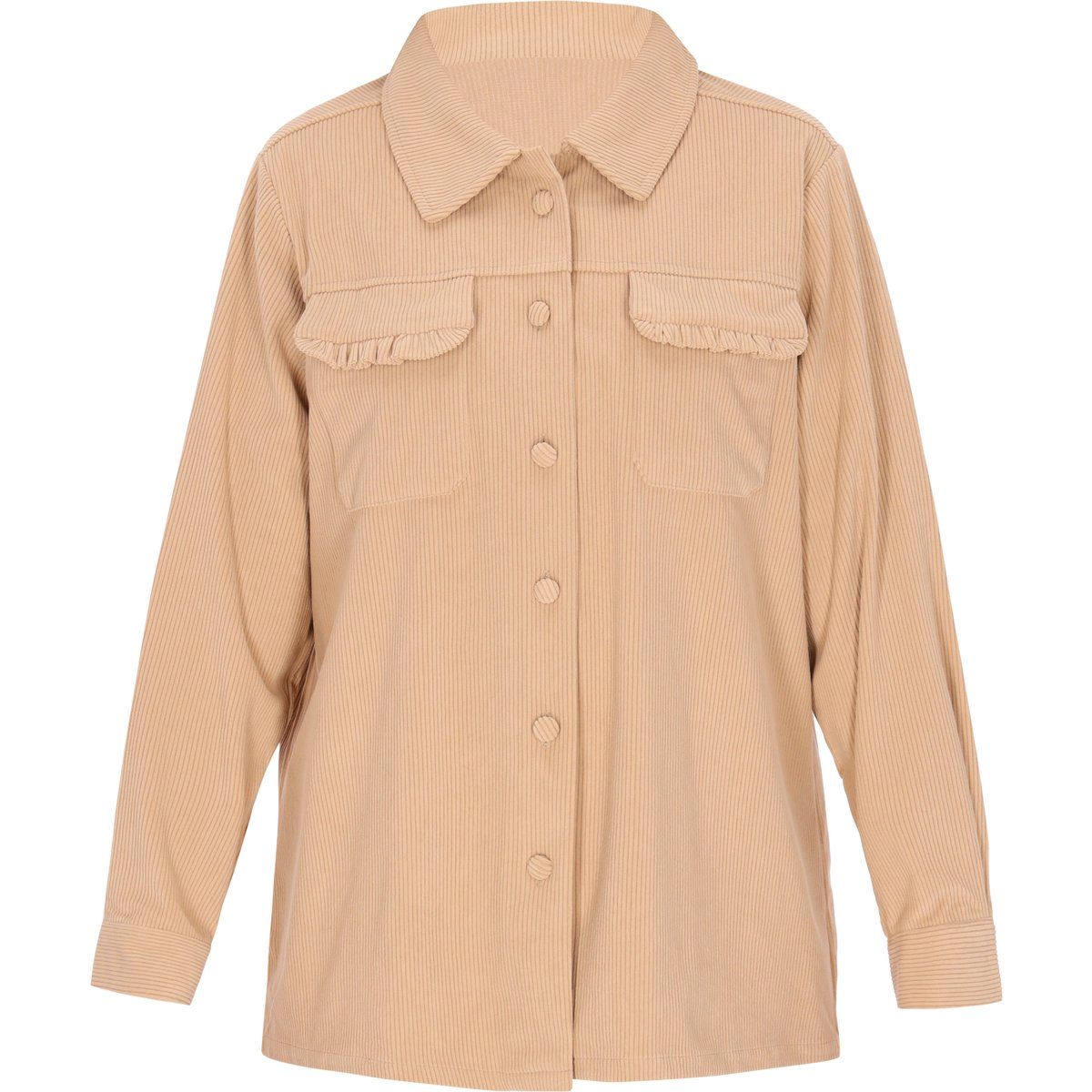 Locker geschnittene Cord-Hemdjacke mit Rüschen