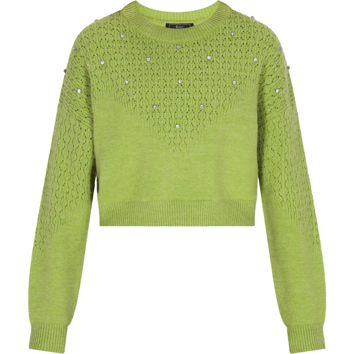 Kurzer Pointelle-Strickpullover mit Schmucksteinen