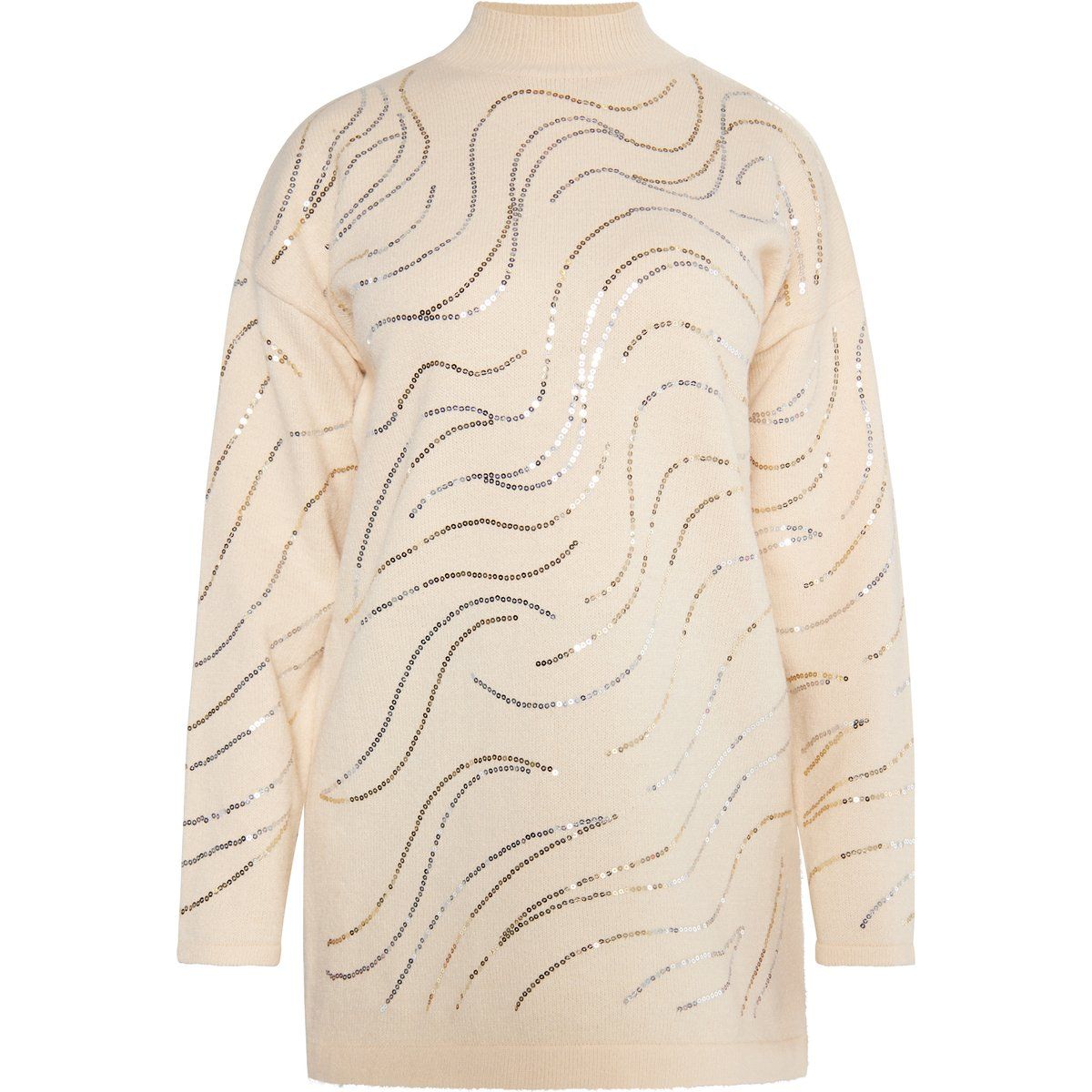 Oversized Long-Strickpullover mit Pailletten-Wellen