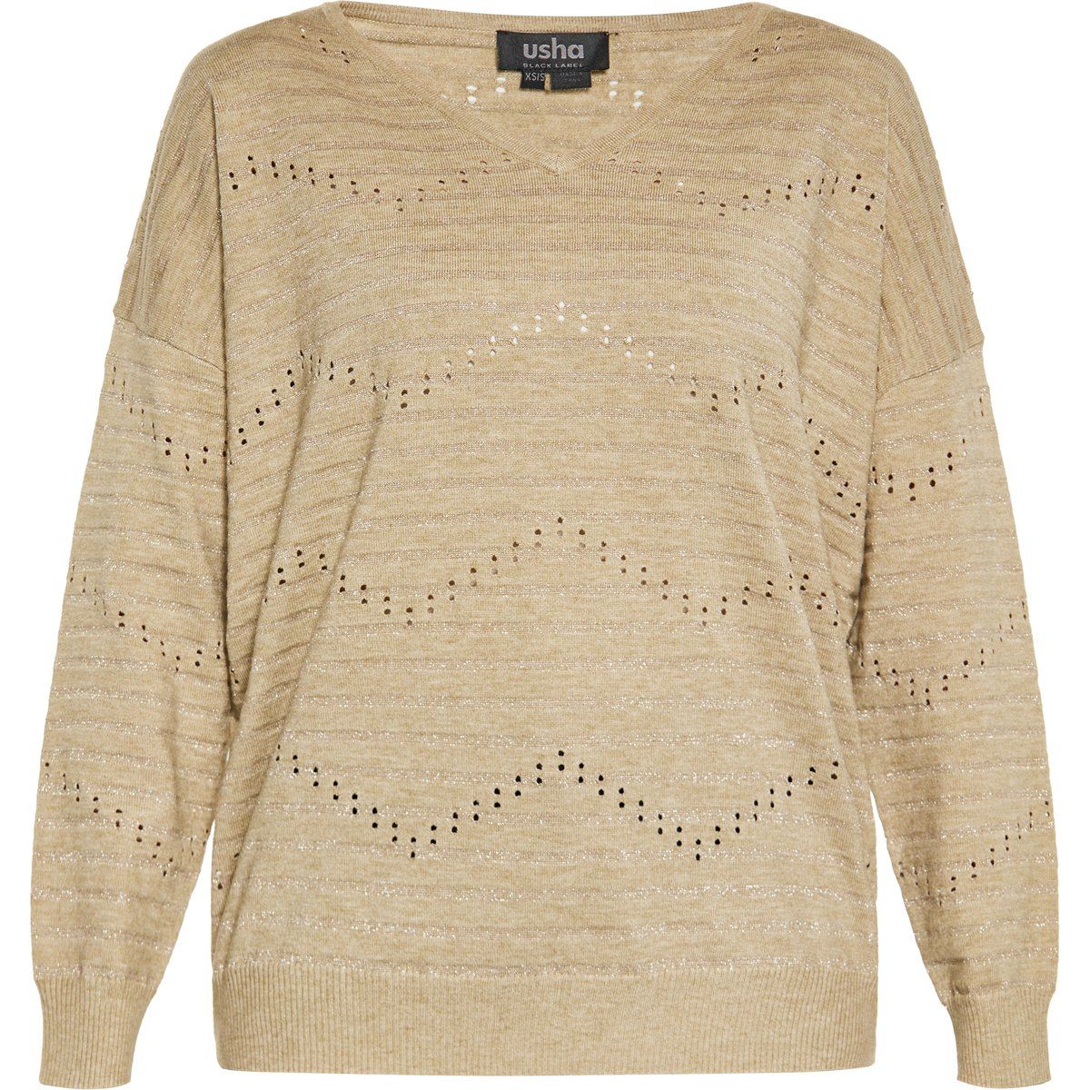 Metallic V-Ausschnitt Strickpullover mit Lochmuster