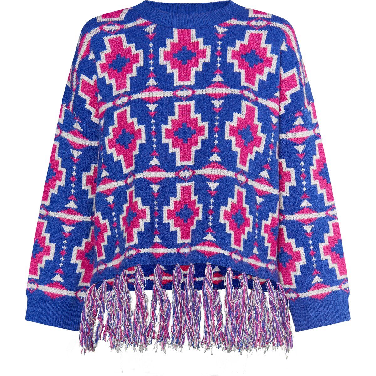 Strickpullover mit geometrischem Muster und Fransen