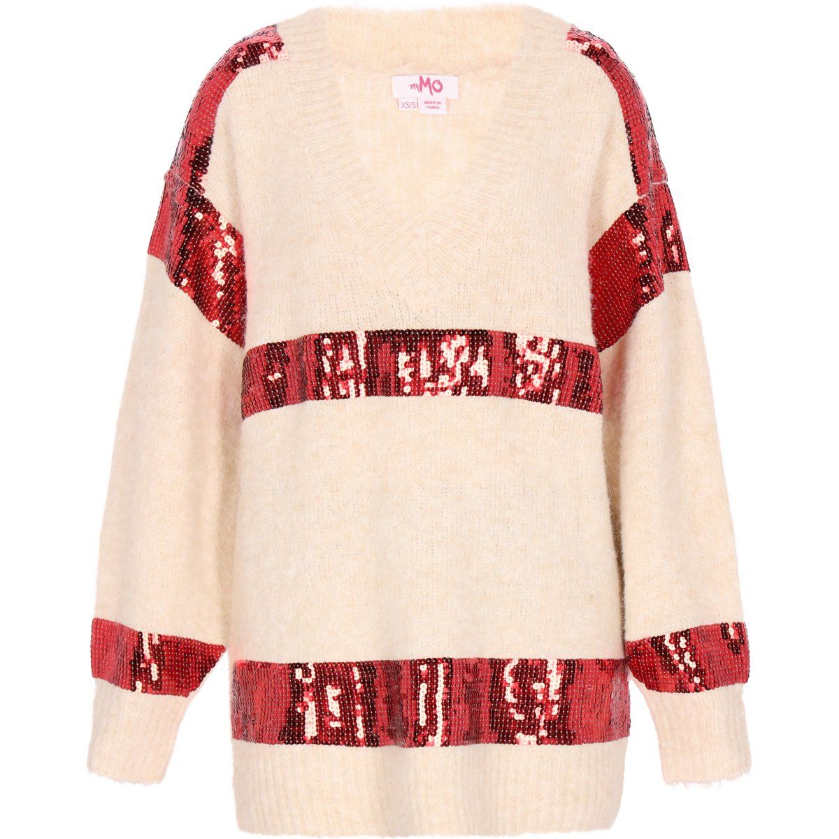 Oversized V-Ausschnitt-Pullover mit Paillettenstreifen