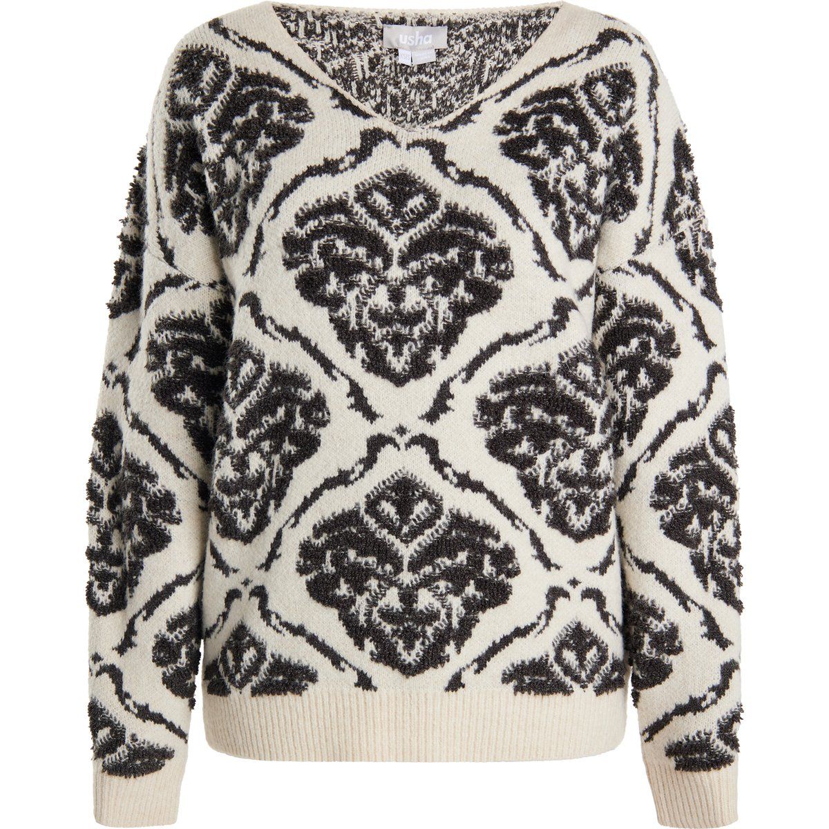 Oversize-Strickpullover mit Damastmuster und V-Ausschnitt