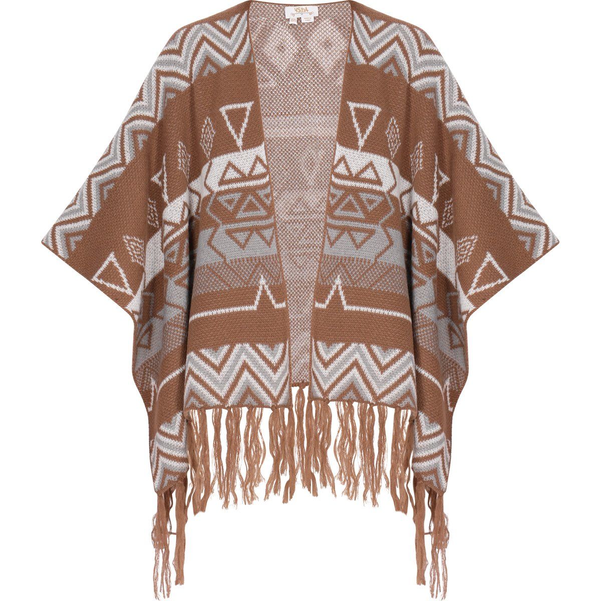Strickponcho mit geometrischem Muster und Fransen