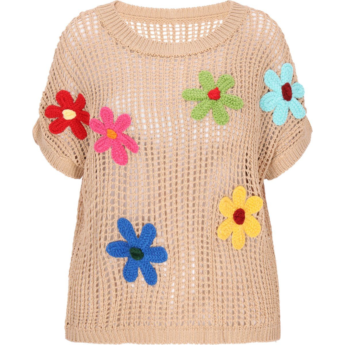 Strickoberteil mit Häkelblumen und Ajourmuster