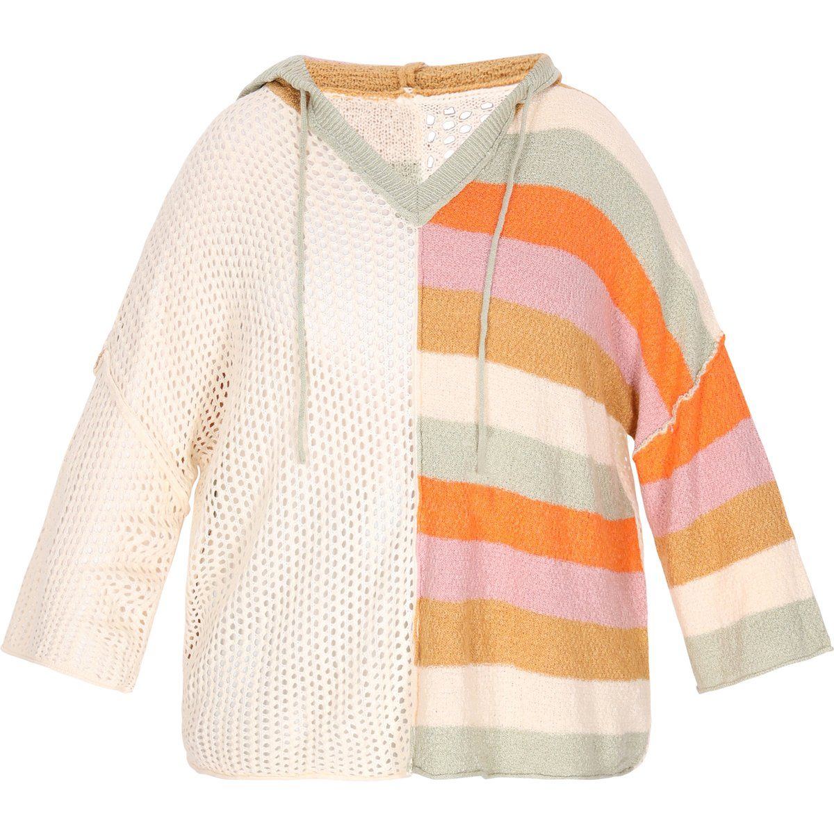 Gestreiftes Patchwork-Strickoberteil mit Kapuze