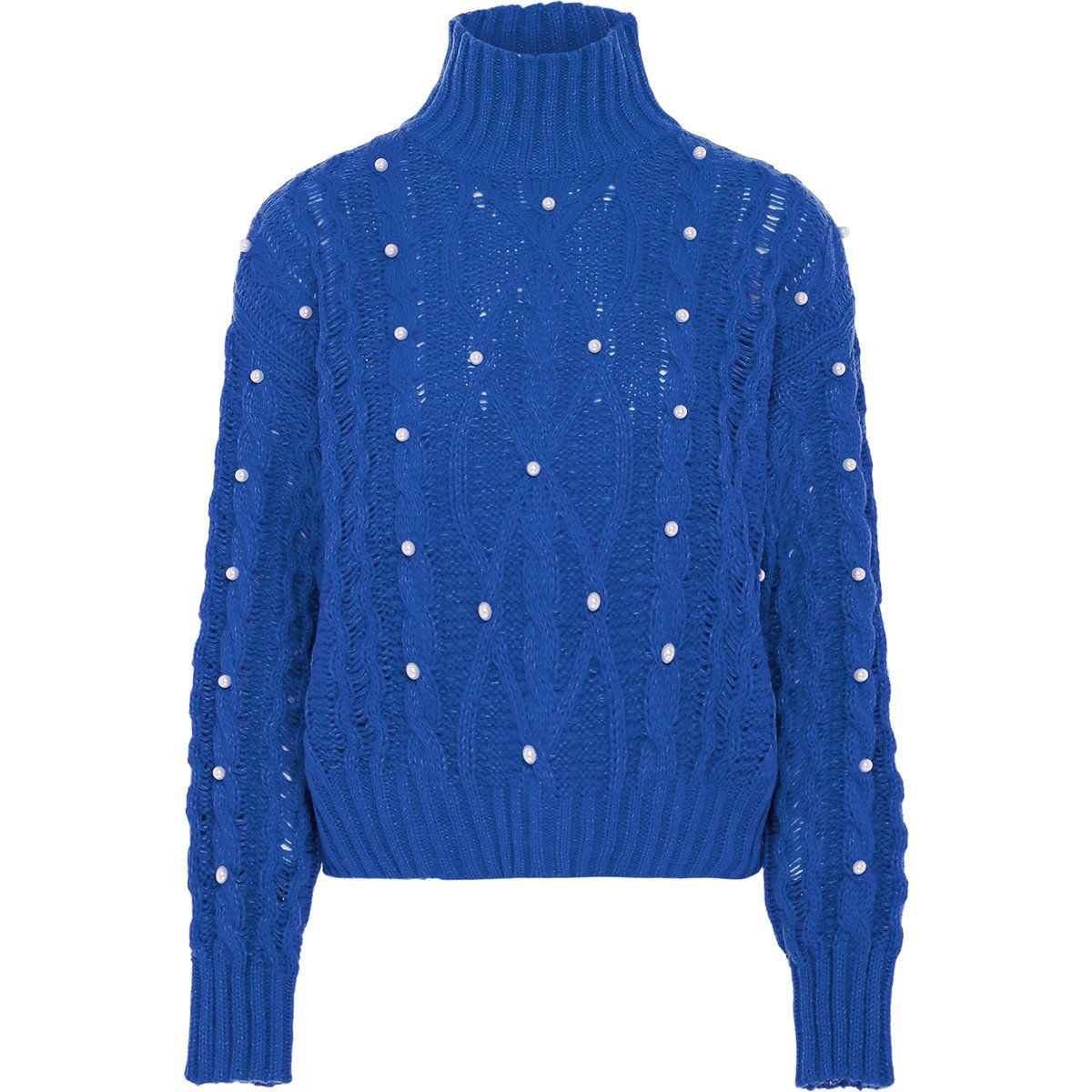 Perlenbesetzter Rollkragenpullover mit Zopfmuster