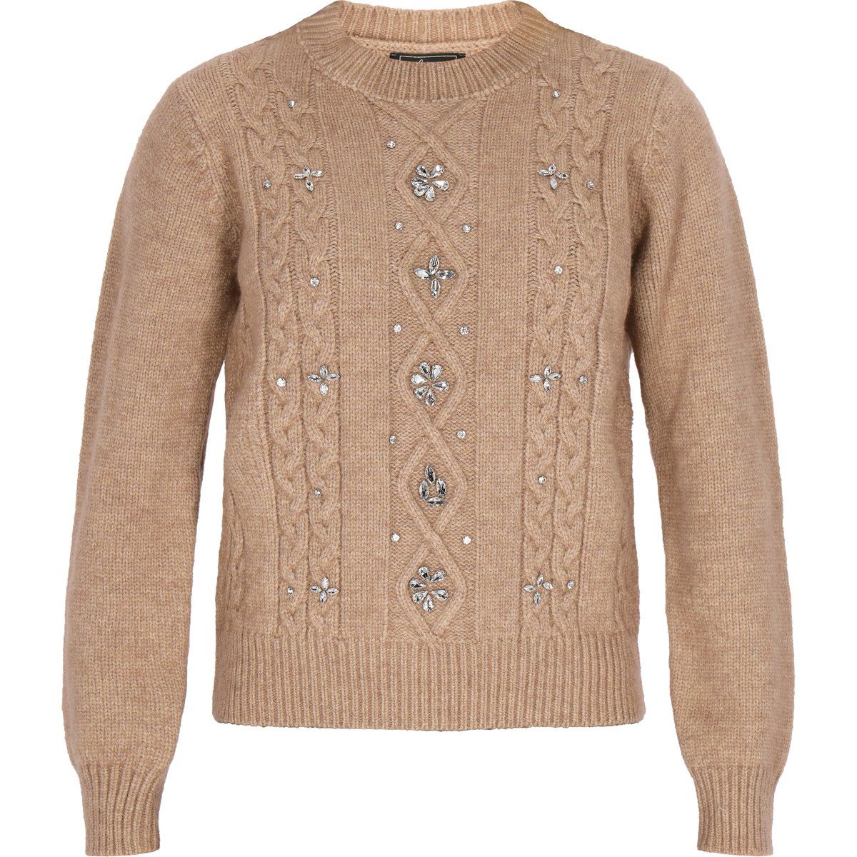 Verzierter Zopfstrickpullover mit Rundhalsausschnitt