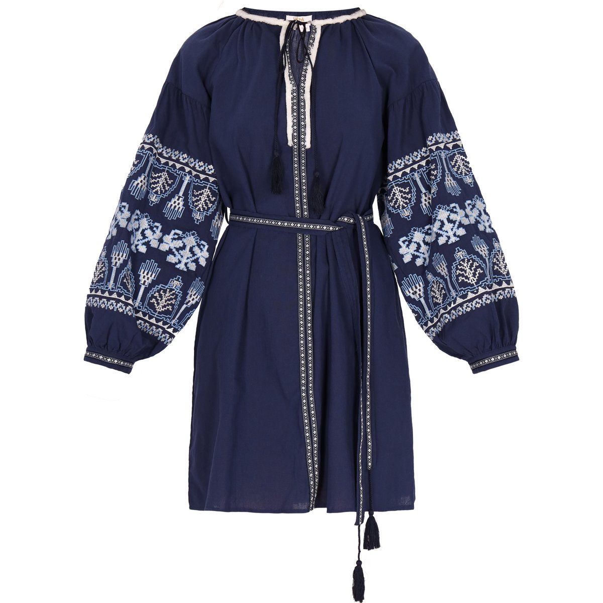 Besticktes Baumwoll-Minikleid mit Quasten