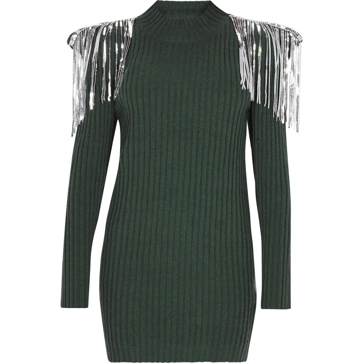 Rippstrick-Minikleid mit Paillettenfransen
