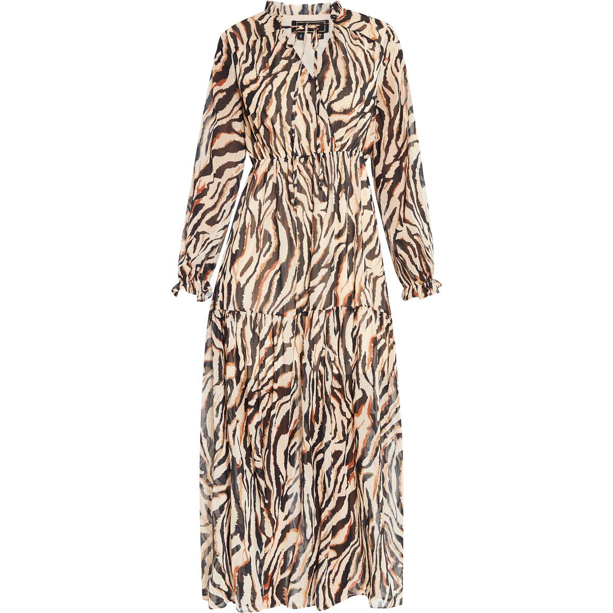 Gestuftes Tierprint-Maxikleid mit Rüschen