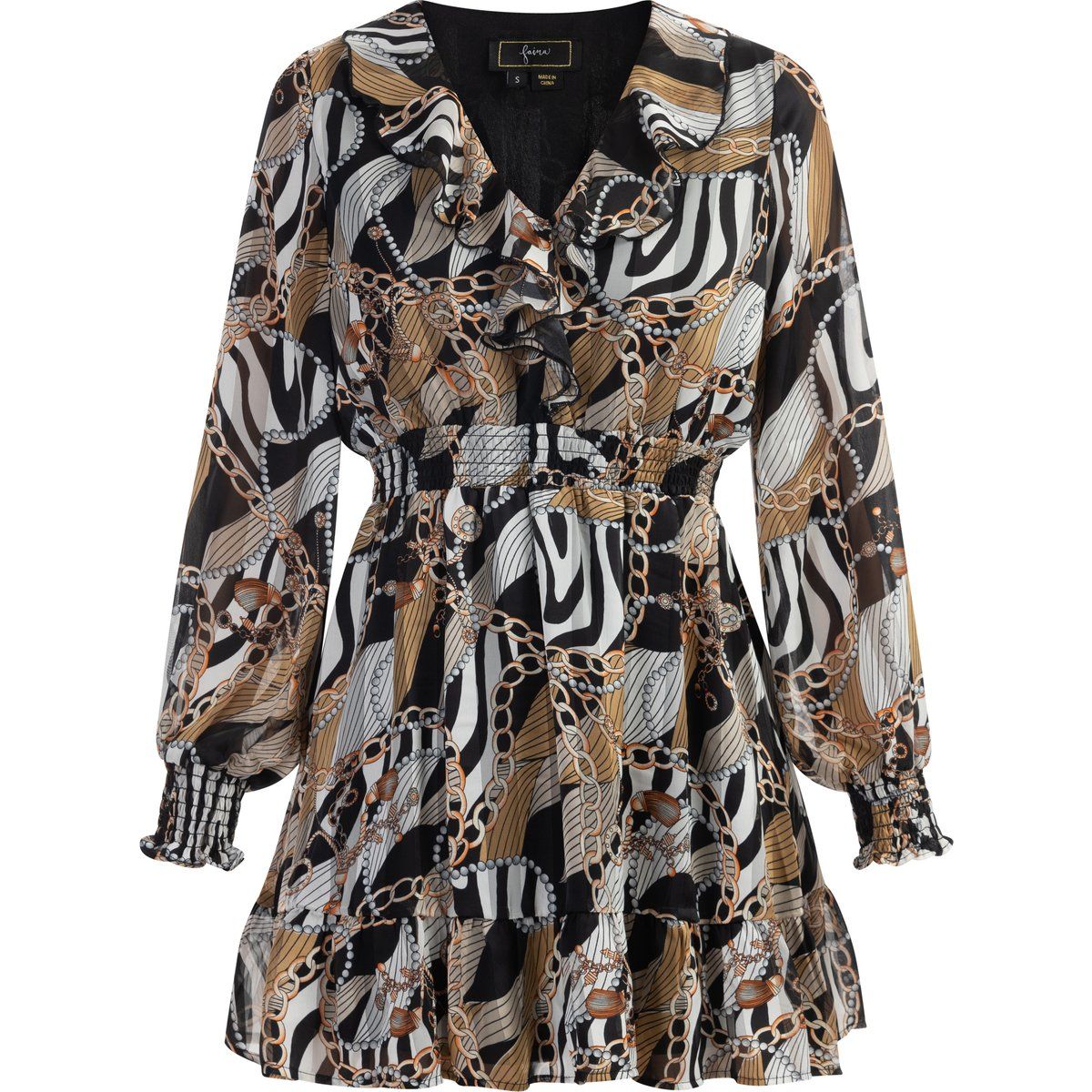 Rüschen-Minikleid mit Kettenprint