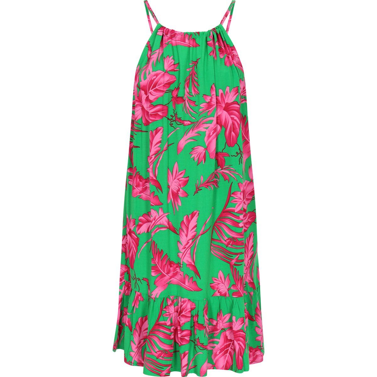 Kurzes Kleid mit Tropenmuster und Rüschensaum