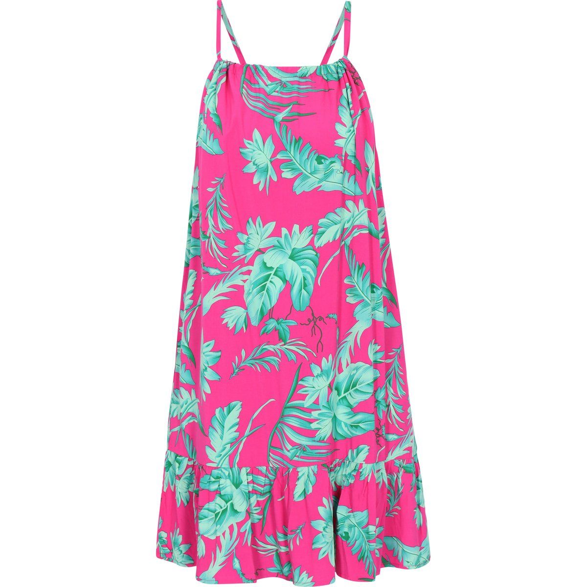 Trägerkleid mit Tropenprint und Rüschensaum