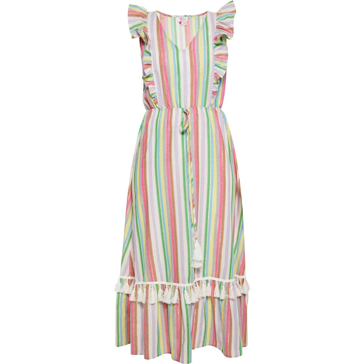 Farbenfrohes gestreiftes Midikleid mit Rüschen