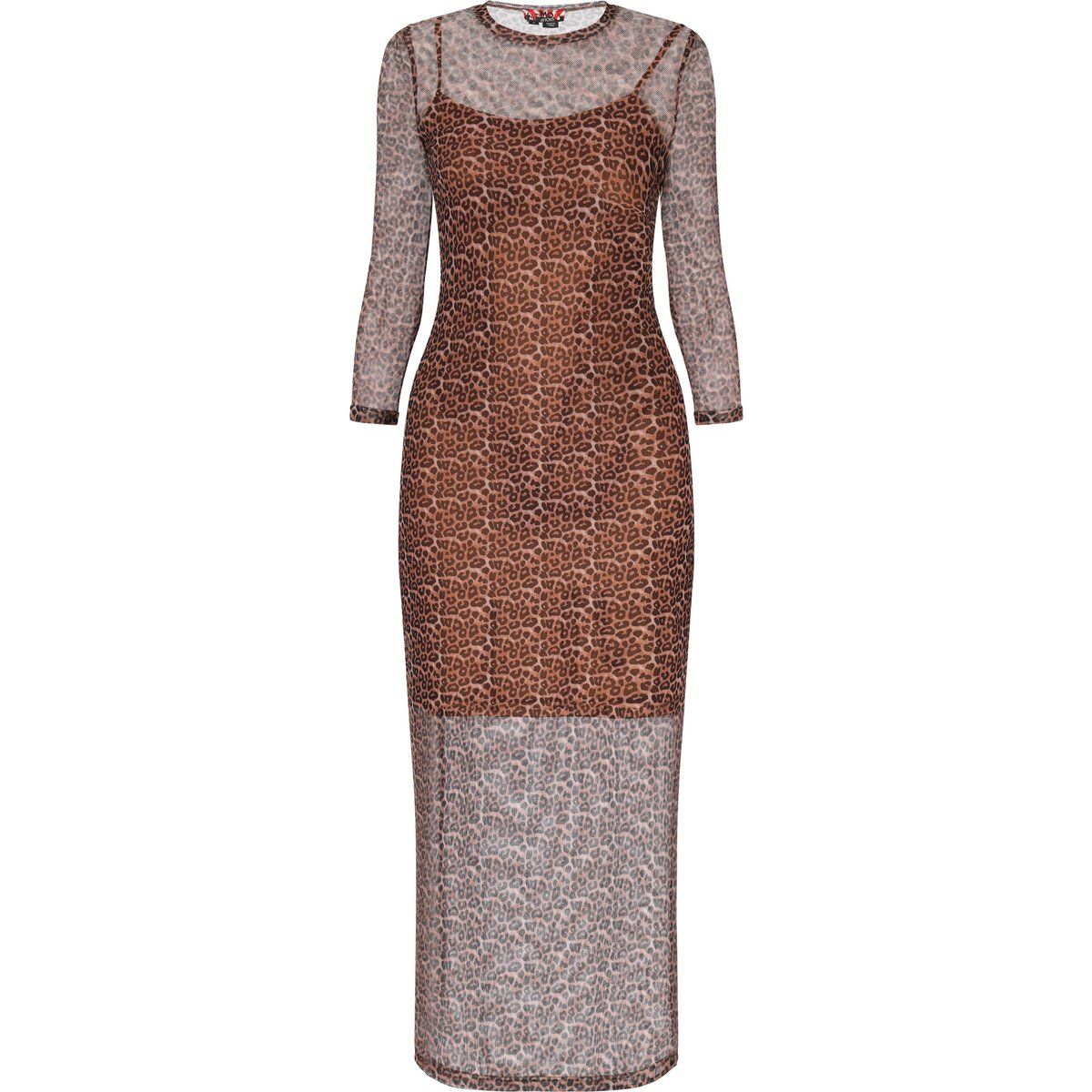 Langes Mesh-Kleid mit Leopardenmuster