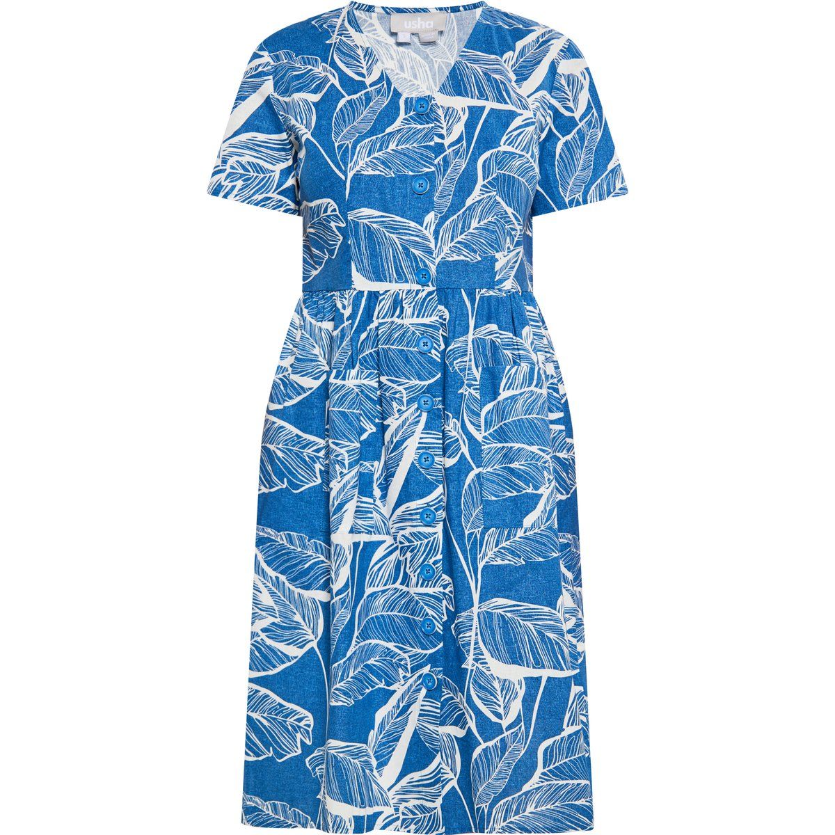 Geknöpftes Midi-Kleid mit Blattmuster