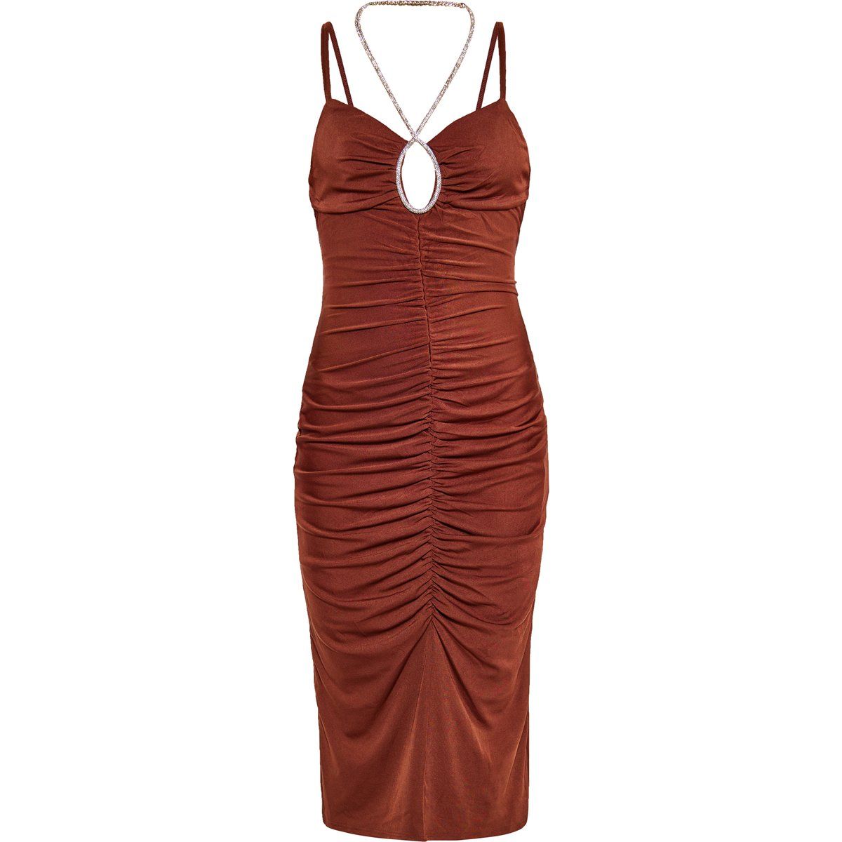 Gerafftes Midikleid mit Schmuck-Ausschnitt