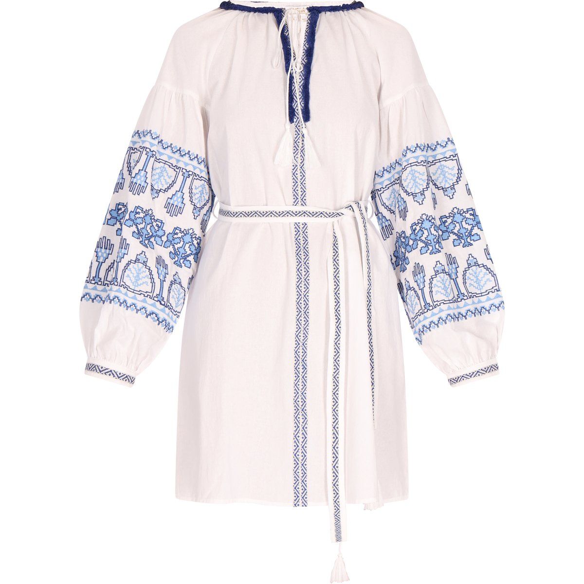 Besticktes Baumwoll-Minikleid mit Quasten