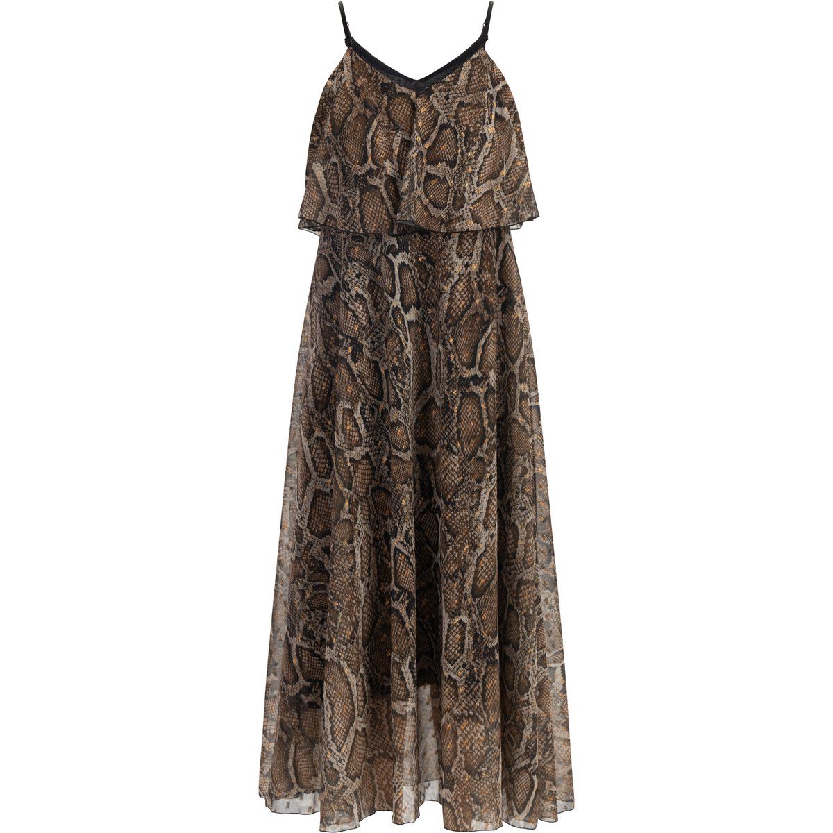 Maxikleid mit Schlangenprint und Volants