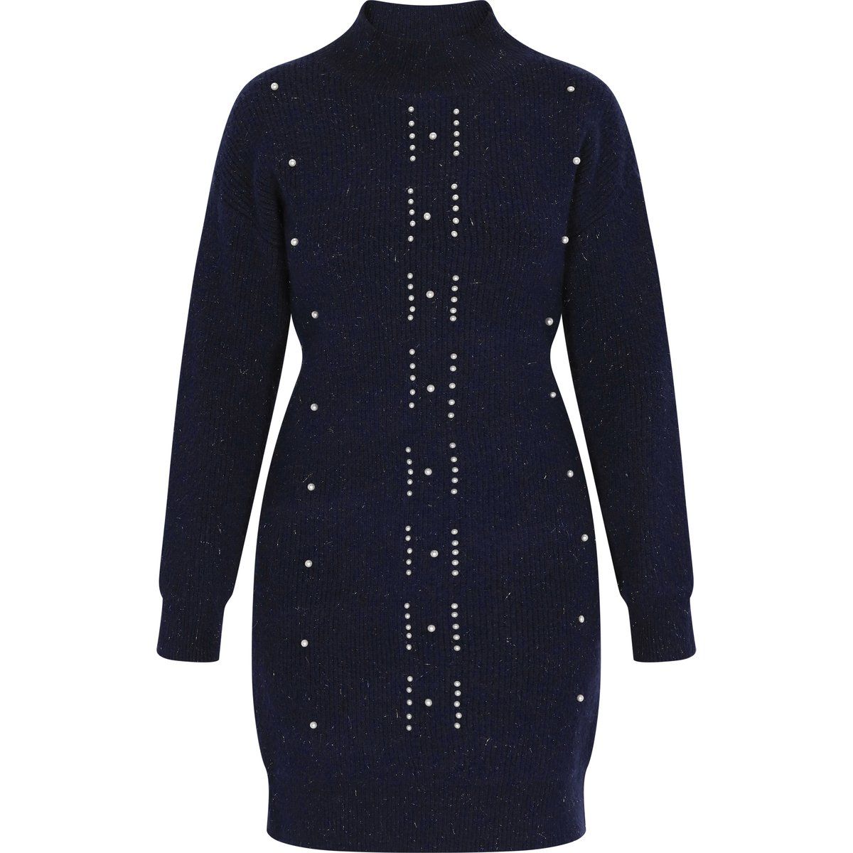 Geripptes Pulloverkleid mit Perlenbesatz