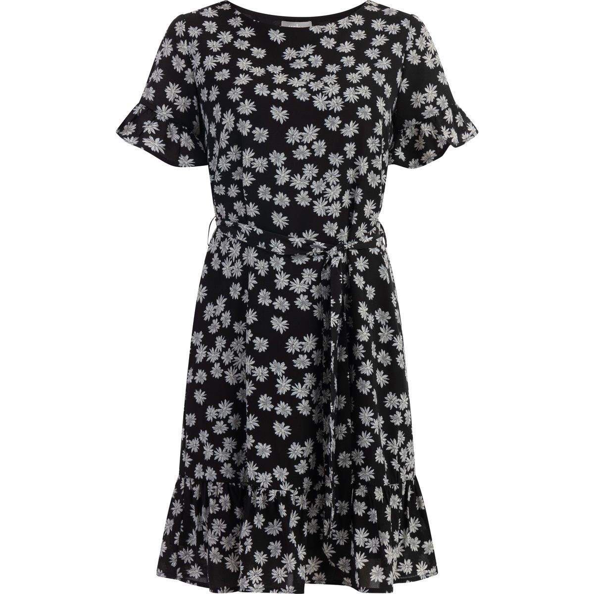 Geblümtes Midikleid mit Gürtel und Rüschen