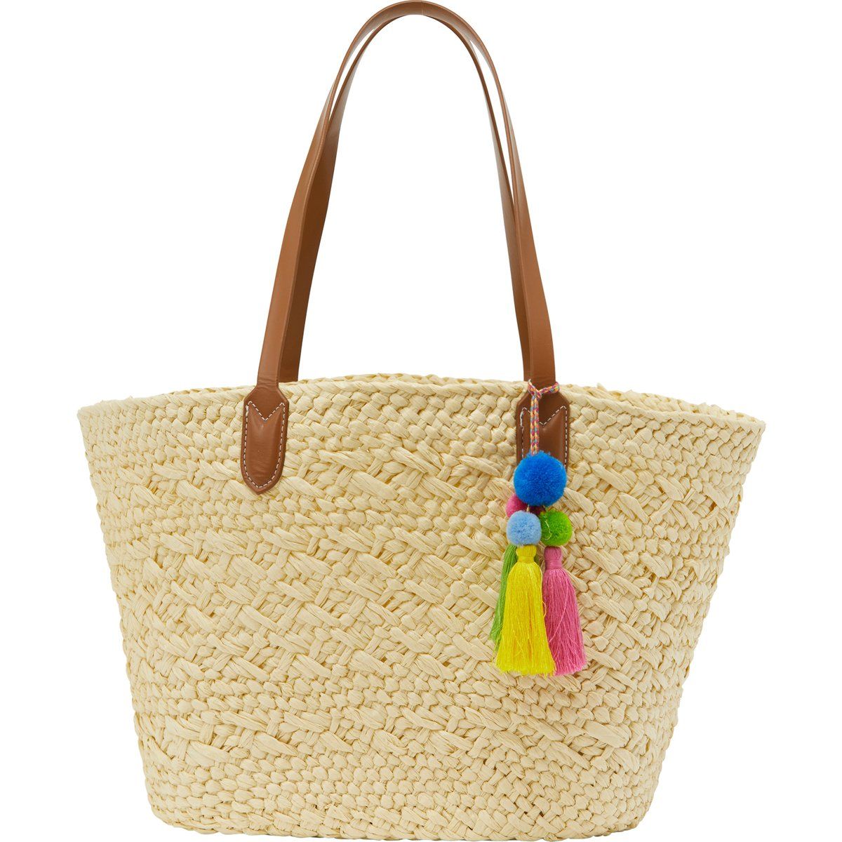Gewebte Strohtasche mit bunten Quasten