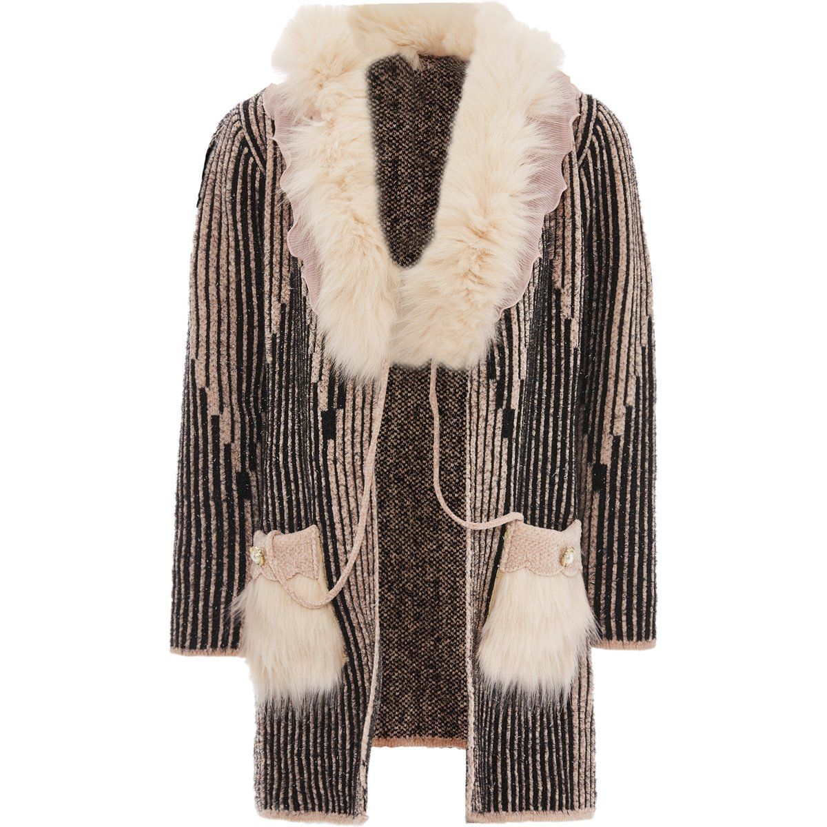 Gemusterte Strickjacke mit Pelz-Besatz
