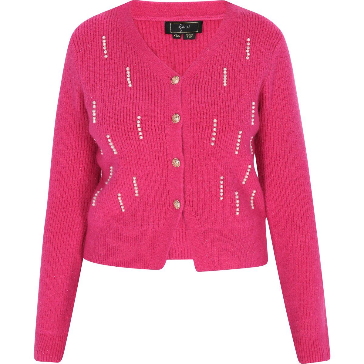 Perlenbesetzte Rippstrickjacke mit V-Ausschnitt